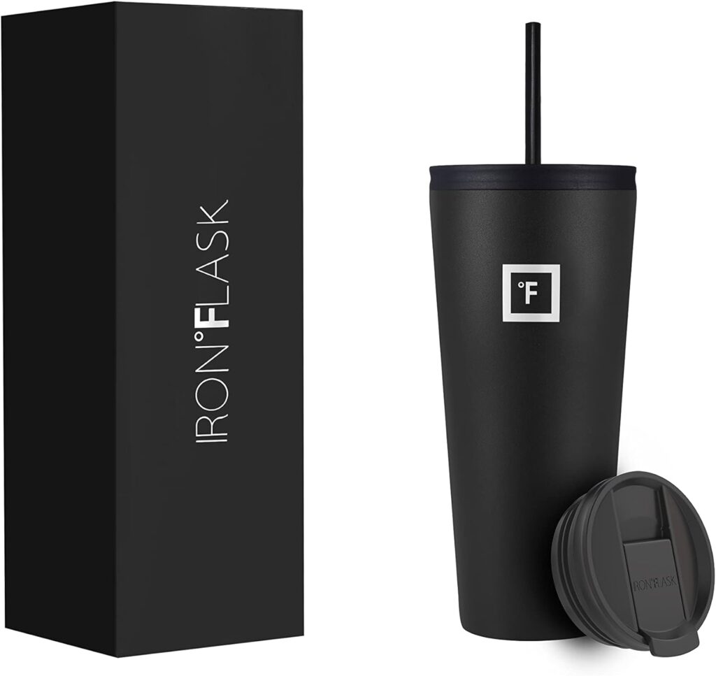 IRON °FLASK Classic Tumbler 2.0-2 Lids (Straw Flip), Vacuum Insulated Stainless Steel Water Bottle, Double Walled, Thermos Travel Mug - Midnight Black, 32 Oz, Mothers Day Gifts for Mom