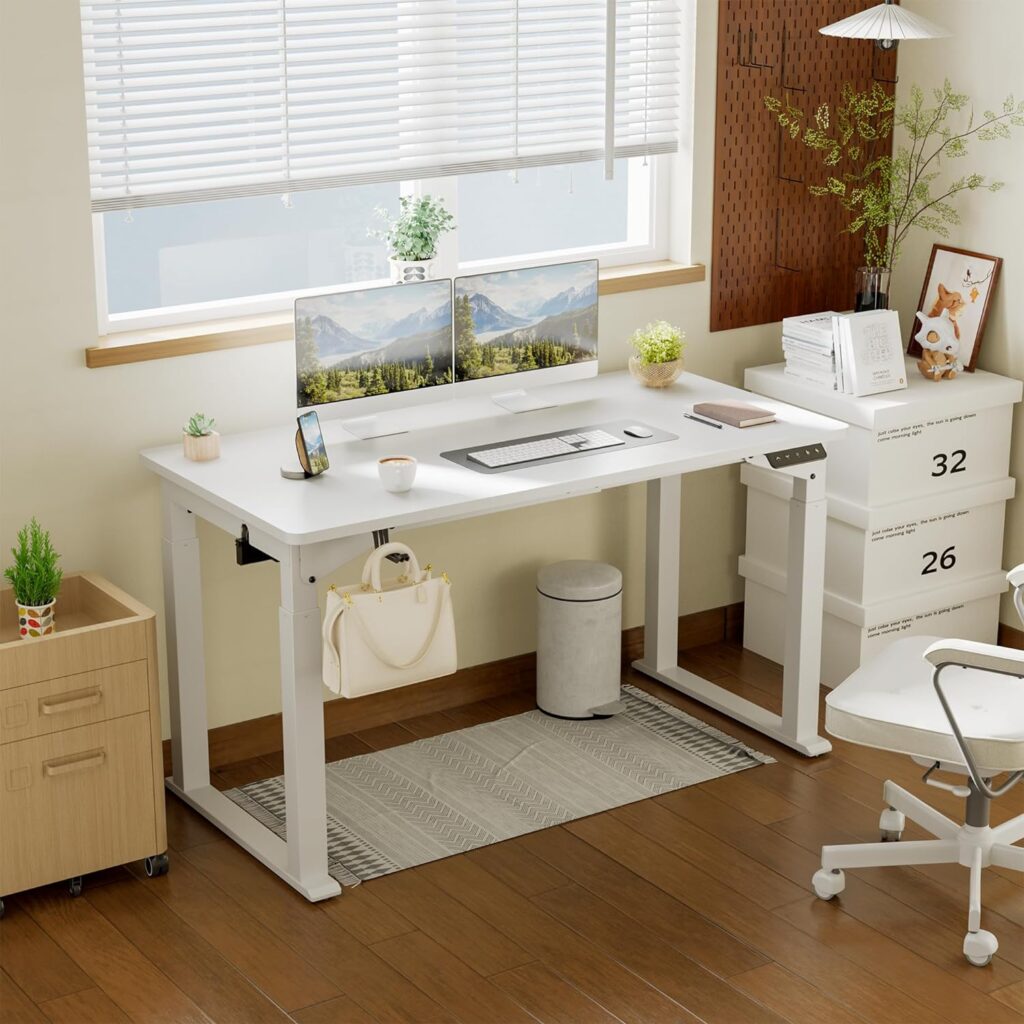 Electric Standing Desk 63 Inch, Ergonomic Height Adjustable Table with T-Shaped Metal Bracket Modern Computer Workstations for Home Office, White, 63 x 24 Inches