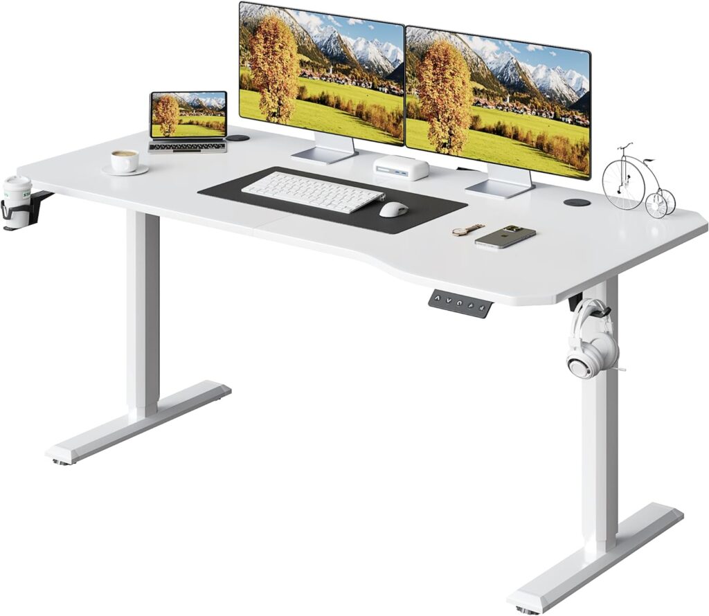 Electric Standing Desk 63 Inch, Ergonomic Height Adjustable Table with T-Shaped Metal Bracket Modern Computer Workstations for Home Office, White, 63 x 24 Inches