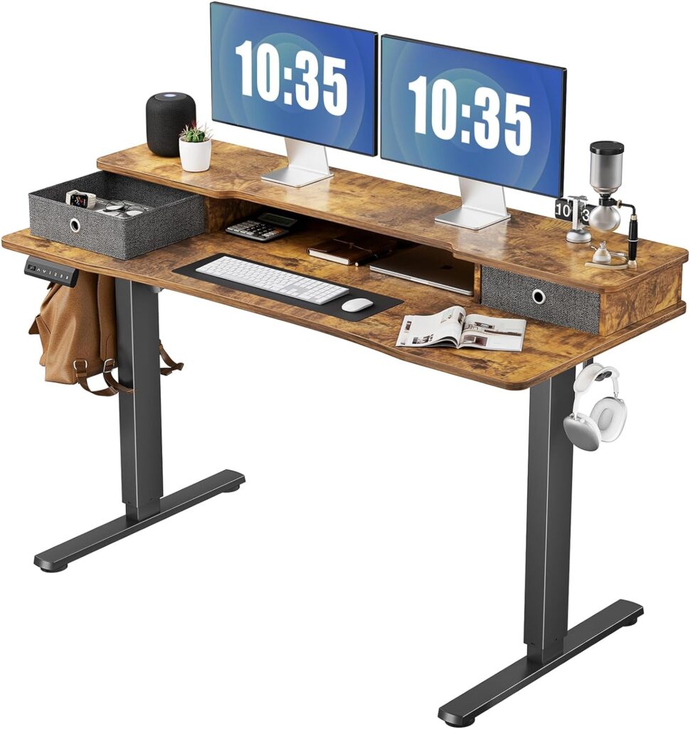 Electric Standing Desk with Double Drawer - 55 x 24 inch Adjustable Height Sit to Stand Up Desk with Storage Shelf, Rising Home Office Computer Table with Splice Board, 2 Hook and Wire Hole for Work