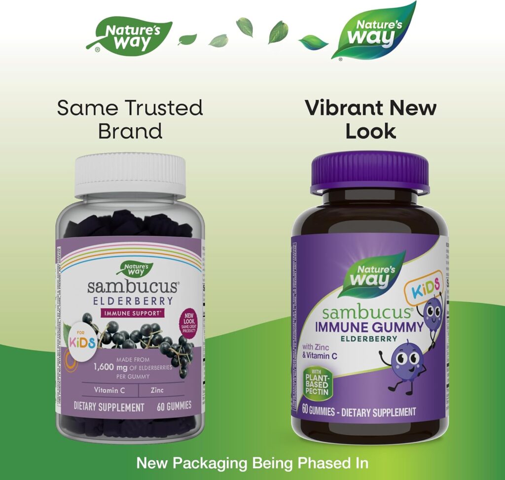 Natures Way Sambucus Elderberry Immune Gummies for Kids, Immune Support Gummies*, with Black Elderberry Extract, Vitamin C and Zinc, 60 Gummies (Packaging May Vary)
