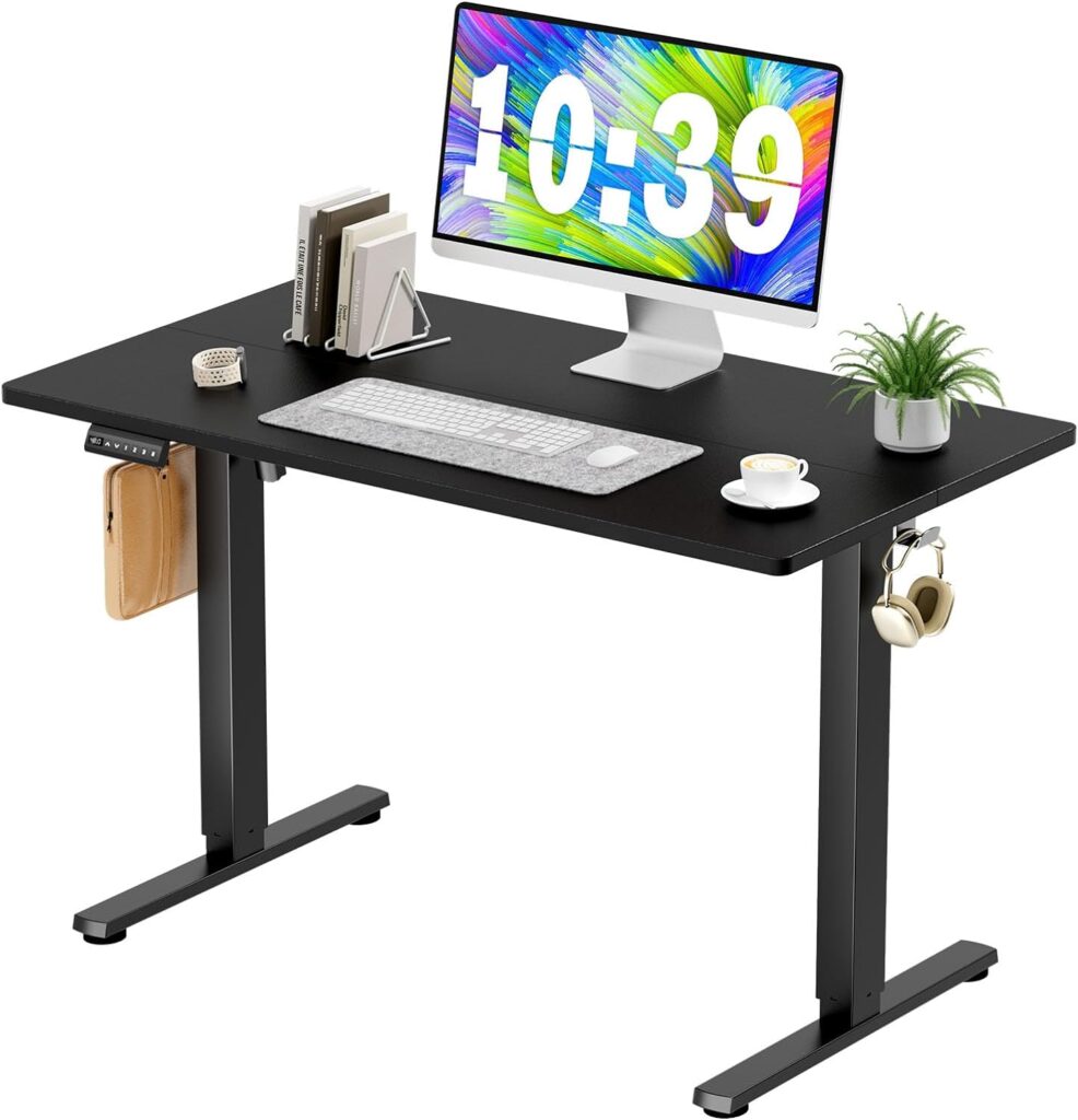 Sweetcrispy Electric Standing Desk - 40 x 24 inch Adjustable Height Sit to Stand Up Desk with Splice Board, Rising Home Office Computer Table with 2 Hook and Wire Hole for Work